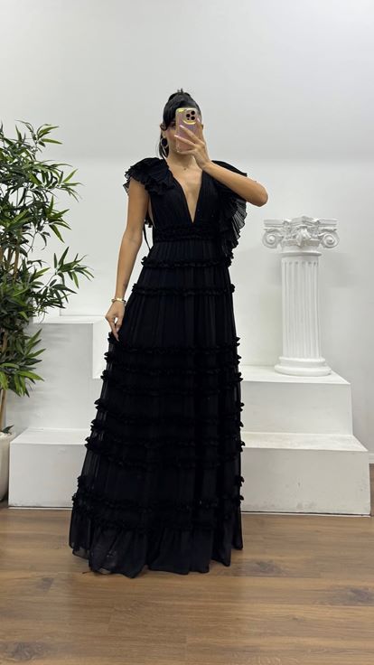 Black Layered Ruffle Special Design Chiffon Evening Dress